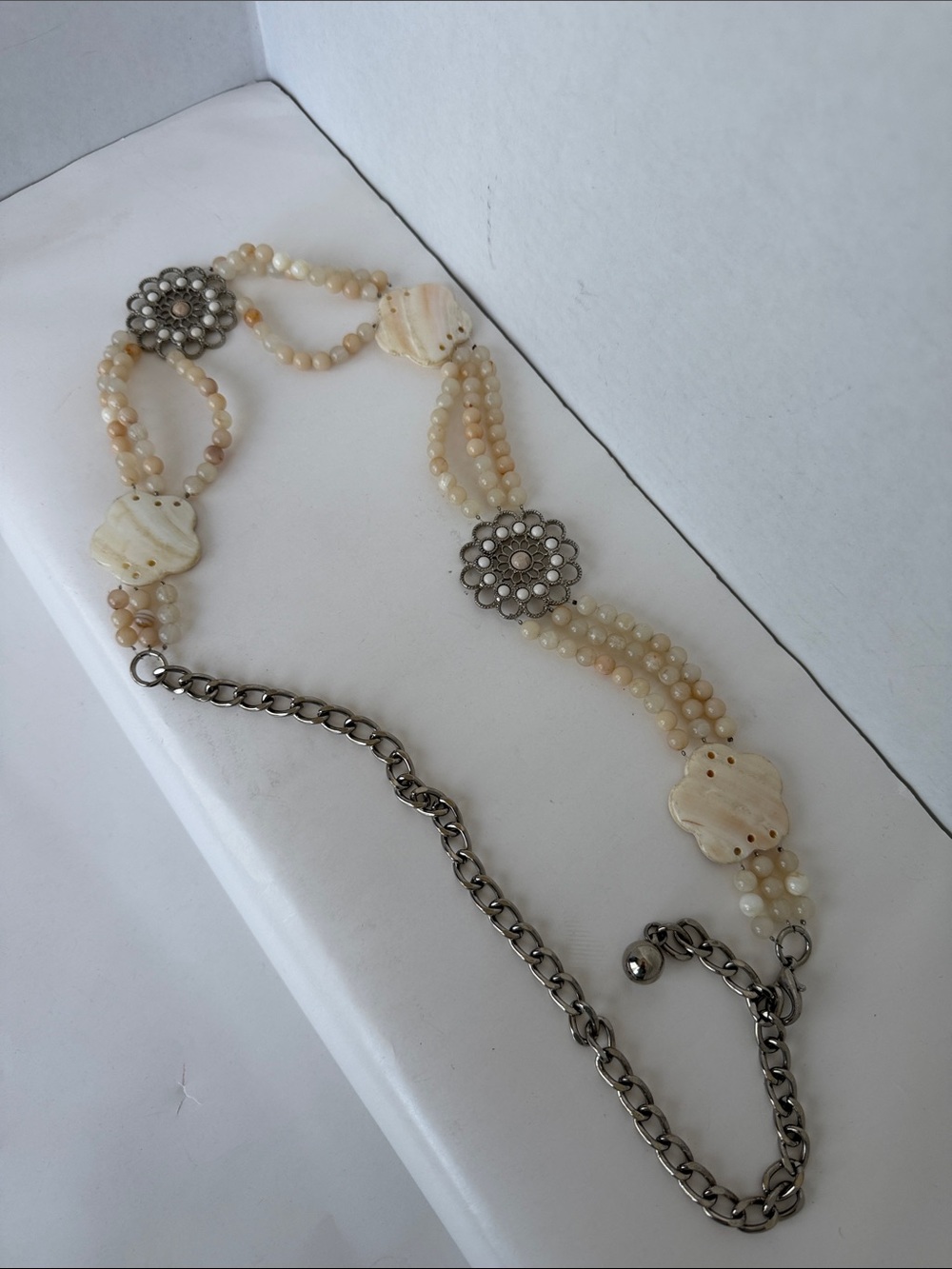 Cream Multi-Strand Beaded Belt with Silver Floral Accents